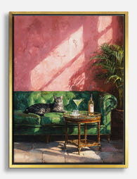 Sunlit Cat & Green Sofa Canvas Print - Gold