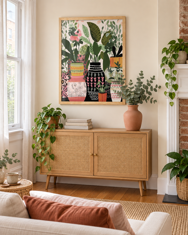 Lifestyle: living room — A narrow, sun-filled Philadelphia rowhouse living room with original brick detailing softened by fresh paint and a calm, plant-friendly interior.