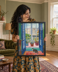 Lifestyle: living room — A San Francisco Edwardian railroad flat with a bay window, high ceilings and original picture rails — warm, layered, colourfully furnished