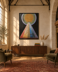 Lifestyle: living room — A converted Victorian chapel in rural Yorkshire — double-height nave, exposed stone walls, tall arched windows, stripped-oak board floors and original iron trusses overhead