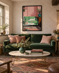 Lifestyle: living room — Whitewashed Welsh stone farmhouse in Pembrokeshire, thick walls, slate-sill windows, flagstone floors and low plaster ceilings painted in chalky warm tones.