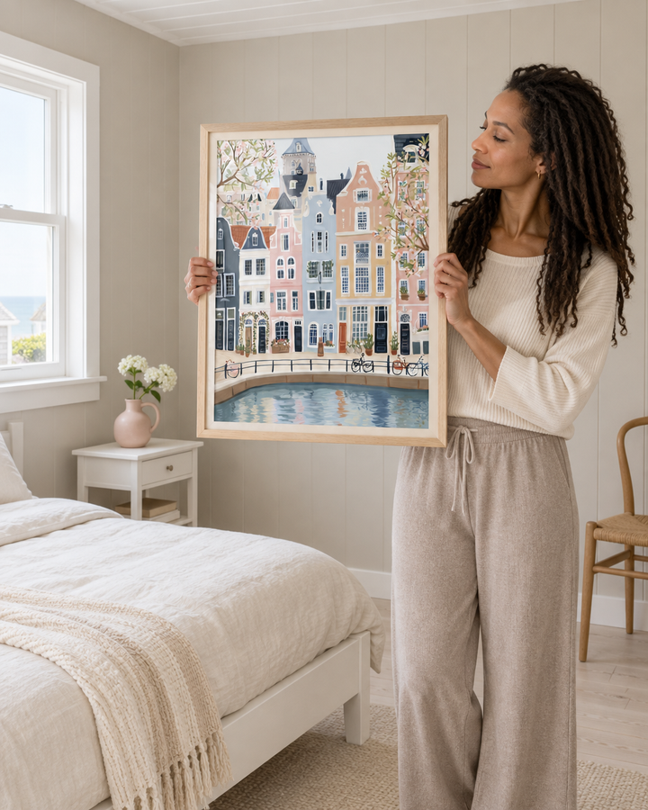 Lifestyle: bedroom — Grey-shingle Nantucket cottage on the island's Brant Point side — a whitewashed interior bedroom with soft sea light, low eaves and a simple clean-lined feel