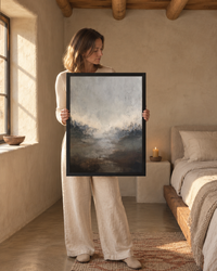 Lifestyle: bedroom — A Santa Fe adobe home with thick earthen walls, exposed vigas and a spirit of calm restraint — warm, tactile and deeply quiet.