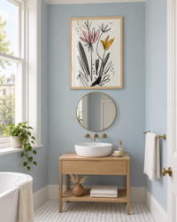 Lifestyle: bathroom — A rented Georgian flat on Clifton's upper floors, Bristol — high ceilings, tall sash windows, original cornice, freshly painted in pale powder blue