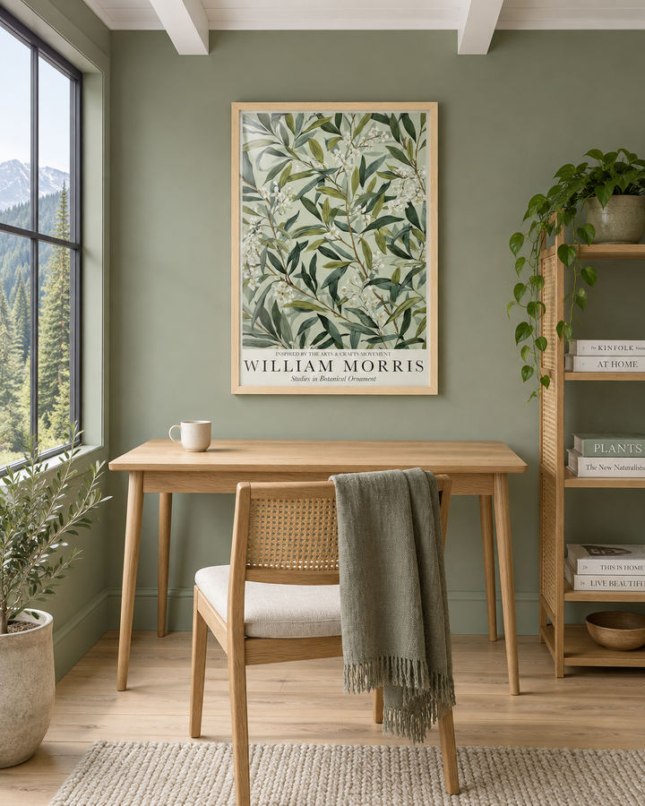 Lifestyle: home office / study — A contemporary mountain-modern home in the Colorado Rockies — steel and timber construction, wide-plank white oak floors, and expansive windows framing evergreen slopes.