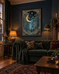 Lifestyle: living room — Queen Anne Victorian townhouse in Portland, Oregon — tall bay windows, ornate carved trim, high ceilings, a sitting room full of layered textiles and dark-painted walls.
