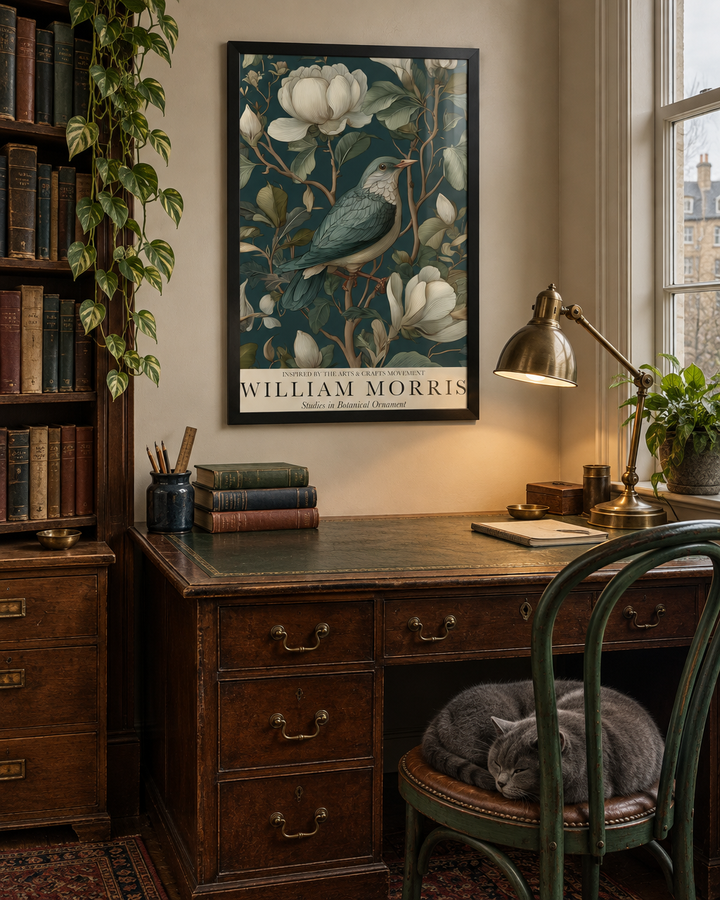 Lifestyle: home office / study — A book-lined late-Victorian academic house near the university in Oxford — north-facing study with original sash window, crammed bookshelves, a worn leather-topped desk and layered antique rugs.