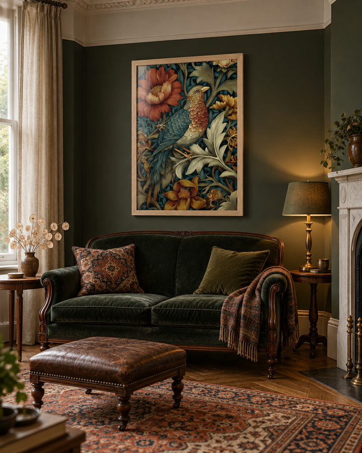 Lifestyle: living room — Detached Victorian villa, Surrey — high ceilings, original cornicing, deep bay window, herringbone parquet throughout, warm and layered with antique and modern mix.