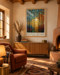 Lifestyle: living room — A Santa Fe adobe home with thick earthen walls, vigas overhead, and a kiva fireplace — layered with textiles, ceramics and warm lamplight by late afternoon