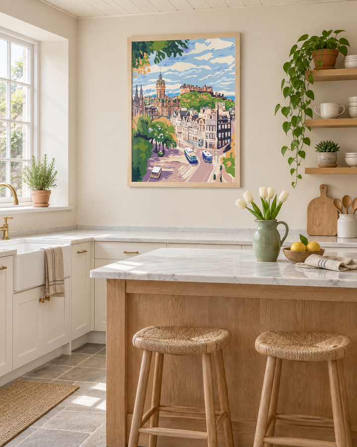 Lifestyle: kitchen — A whitewashed Cornish coastal cottage in a small fishing village, late Victorian, with painted board ceilings and flagstone floors. Owner-occupied, calm and uncluttered.