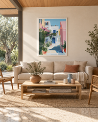Lifestyle: living room — Eichler post-and-beam home in the Bay Area, 1960s, with an open-plan living room, atrium light and original terrazzo floors