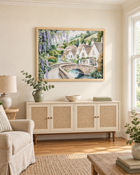 Lifestyle: living room — A Chicago two-flat, upper unit, with a wide bay window, oak trim and painted plaster walls — settled, family-warm, traditional in feel