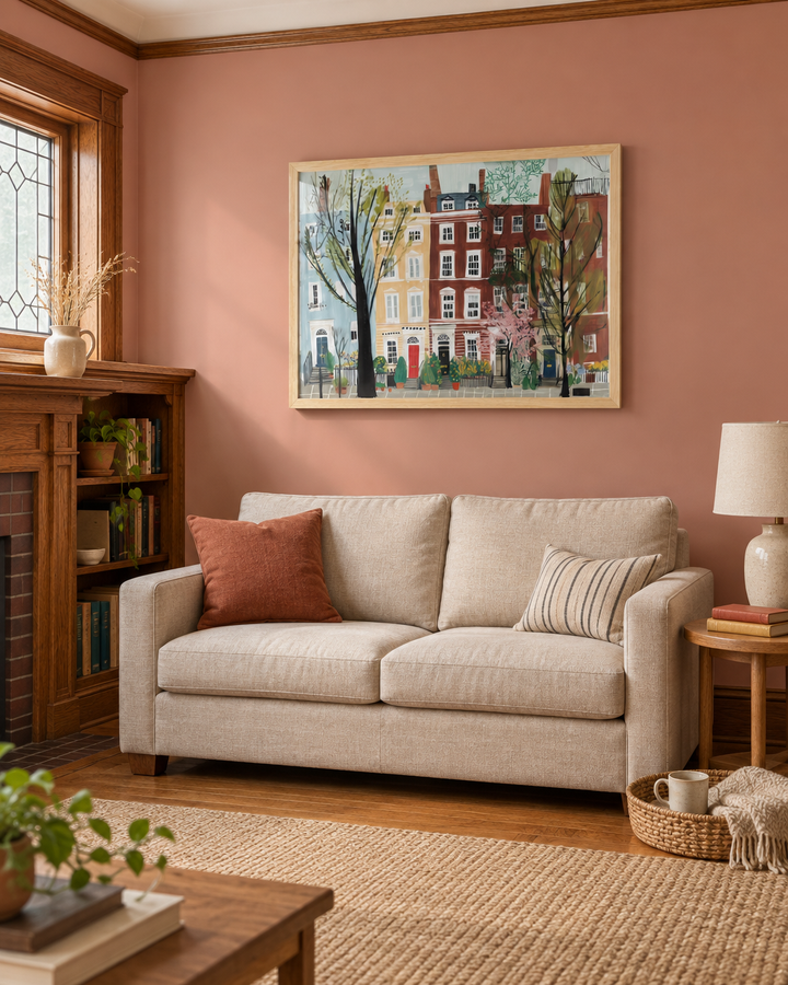 Lifestyle: living room — 1910s Chicago greystone bungalow in Lincoln Square — original oak trim, built-in bookcases, leaded-glass transom above the entry, owned by a couple in their 30s who recently moved in together