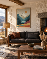 Lifestyle: living room — A Scottish Highland stone lodge near Inverness — low-slung, thick rubble walls, south-facing picture window framing a glen, worn flagstone floors and a woodburning stove in the corner.