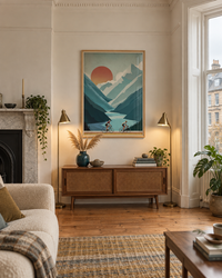 Lifestyle: living room — Upper-floor Scottish tenement flat in Glasgow's West End — high ceilings, large bay window, original plasterwork cornice, wide-plank pitch-pine floor.