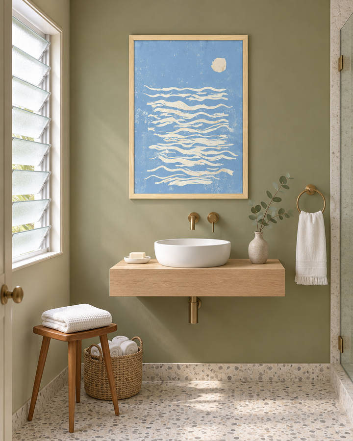 Lifestyle: bathroom — Miami mid-century apartment, 1960s building, terrazzo floors, jalousie windows, breezy and light