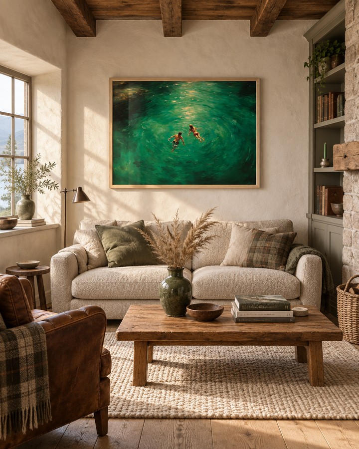 Lifestyle: living room — A Scottish Highland stone lodge near Loch Lomond — thick rubble walls, dark timber joinery, wide-plank oak floors, a strong sense of permanence and quiet remove.