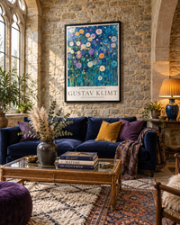 Lifestyle: living room — A converted Welsh-border chapel in Yorkshire with double-height arched windows, exposed stone walls and a dramatic open interior that rewards bold art