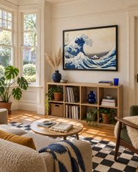 Lifestyle: living room — A painted-lady Queen Anne Victorian apartment in Portland, Oregon — high ceilings, original bay windows, rented with character.