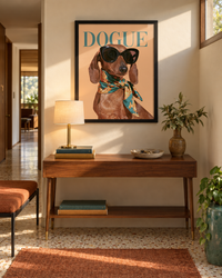 Lifestyle: Hallway — A 1950s LA mid-century house in Silver Lake — walnut built-ins, terrazzo entry, warm concrete block walls painted soft off-white, an owner with a real dachshund and a sense of humour.
