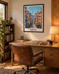 Lifestyle: home office / study — A 1970s split-level in suburban Portland — wood panelling, wide picture windows, layered with books and travel objects. The study is a tight, book-lined mezzanine level.