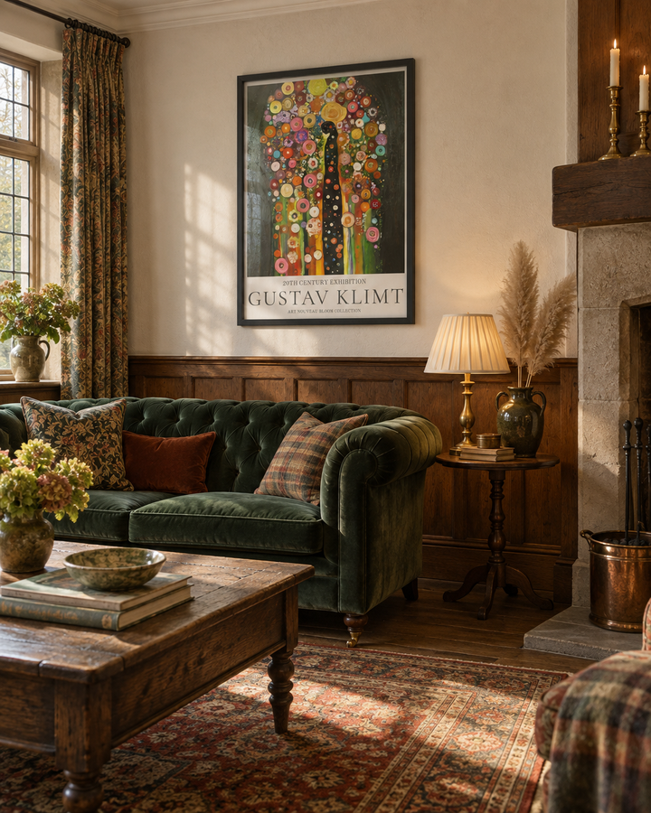 Lifestyle: living room — A Surrey Arts & Crafts house from around 1905, with oak panelling, leaded casement windows and an inglenook fireplace, lived in and layered with antiques.