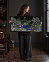 Lifestyle: living room — Upstate New York Greek Revival, circa 1840, pediment entry, wide-board pine floors, tall twelve-over-twelve windows, walls painted in deep slate and charcoal tones, living room with original plaster cornices.