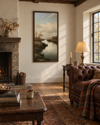 Lifestyle: living room — A 19th-century Hudson Valley clapboard farmhouse outside Rhinebeck, NY — wide-plank floors, original plaster walls, exposed ceiling beams, layered with antiques and worn textiles accumulated over decades together.