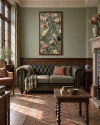 Lifestyle: living room — 1900s Arts & Crafts detached house in Surrey — inglenook fireplace, oak panelling, original leaded casement windows, high ceilings.