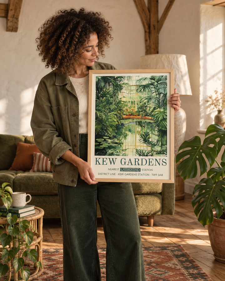 Lifestyle: living room — A converted oast house in the Kent Weald, now a family home with double-height vaulted ceilings and original oak structural beams — boho-earthy in spirit, layered and warm.