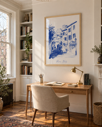 Lifestyle: home office / study — Fort Greene, Brooklyn brick parlour-floor townhouse, circa 1890s, original oak floors and ornate plaster ceiling medallion, tall double-hung windows facing south.