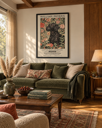 Lifestyle: living room — A sprawling 1960s brick ranch house in Houston's Tanglewood neighbourhood, single-storey with wide eaves, original wood-panelled accent wall, and oak parquet floors throughout.