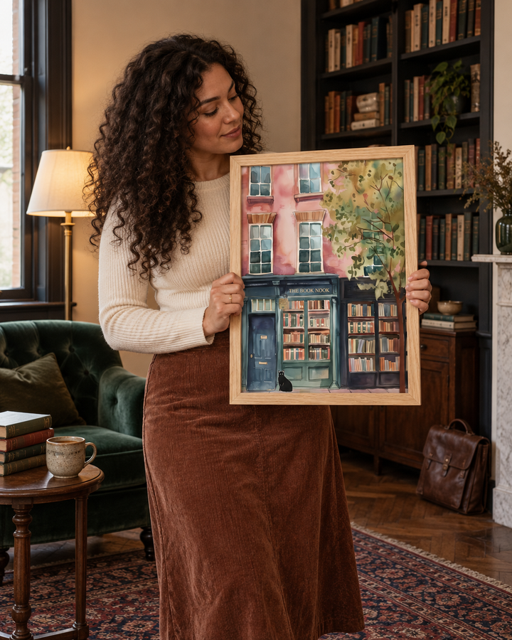 Lifestyle: living room — A narrow Georgetown Federal-brick rowhouse apartment, parlour-floor living room, tall ceilings, original wood trim painted dark, a wall of books behind her.