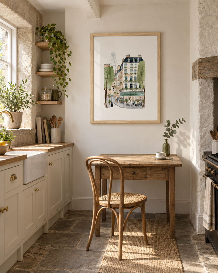 Lifestyle: kitchen — Restored Victorian mill-town stone terrace in Hebden Bridge, West Yorkshire — tight proportions, deep windowsills, pale plaster walls, flagstone floor running into a galley kitchen.