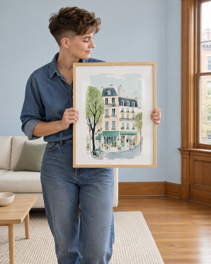 Lifestyle: living room — A Chicago two-flat in Wicker Park, red brick exterior, tall bay windows and original oak trim; the upper owner's unit recently painted in calm pale blues and whites.