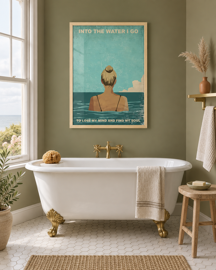 Lifestyle: bathroom — Seaside Edwardian villa on the Suffolk coast — bay-windowed bathroom with original sash detail, painted in calm neutrals, freestanding bath as the room's centrepiece