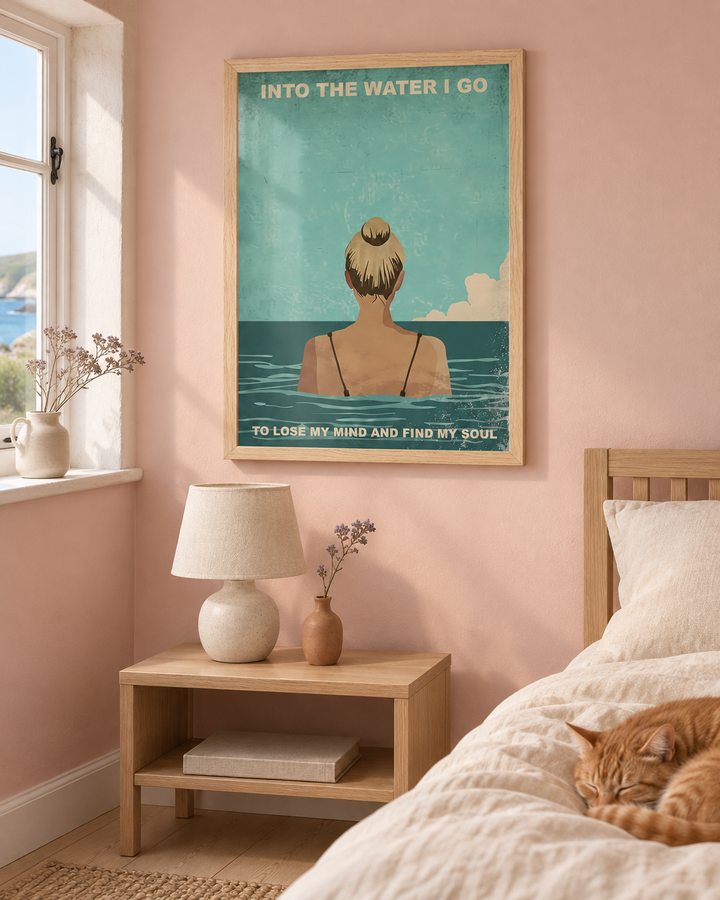 Lifestyle: bedroom — Coastal cottage in Cornwall — low ceilings, whitewashed plaster, small casement windows with painted timber frames, simple and calm, personal and unhurried
