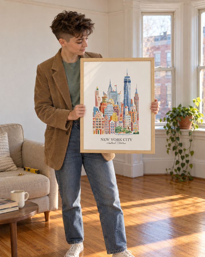 Lifestyle: living room — A Boston triple-decker flat, top floor — bay window, original wood trim, white-painted walls, a relaxed and lightly furnished first apartment
