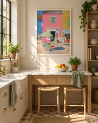 Lifestyle: kitchen — 1930s Art Deco mansion flat, Streatham, South London — curved bay window, original parquet floor, Crittall-style glazing, high ceilings, pale plaster walls.