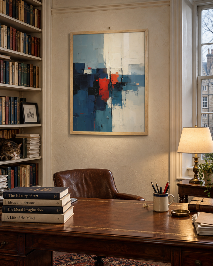 Lifestyle: home office / study — Oxford or Cambridge academic house — bay windows, north-facing study lined with bookshelves, high ceilings, characterful plaster walls in aged off-white
