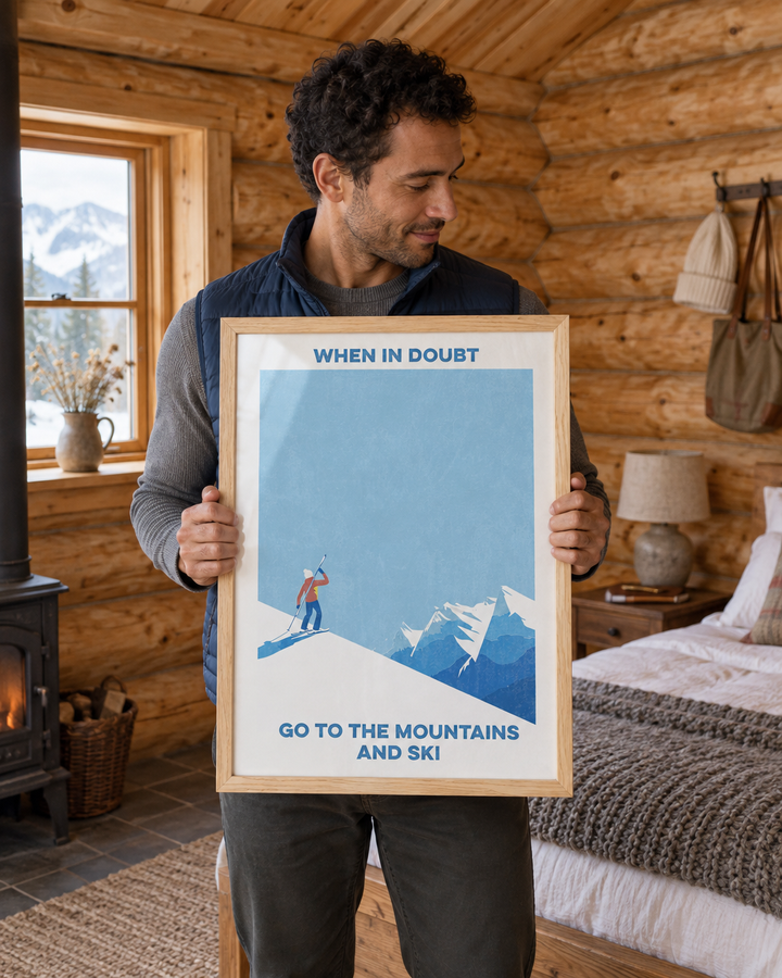 Lifestyle: bedroom — A Colorado log-cabin bedroom — hand-hewn log walls, Douglas fir tongue-and-groove ceiling, slate-tile floor with a thick wool runner, a cast-iron wood-burning stove visible at the room edge.