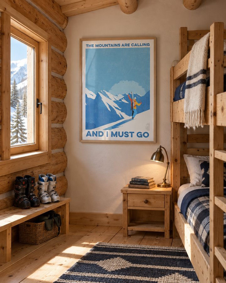 Lifestyle: kids' room — A Colorado log cabin in Summit County — hand-hewn pine logs, a stone fireplace, wide-plank fir floors and a south-facing gable window that lets in crisp alpine light all day.