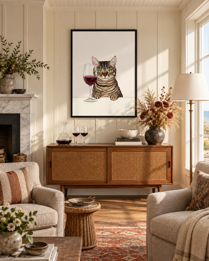 Lifestyle: living room — Hamptons cedar-shingle house with wide-plank white oak floors, board-and-batten panelled walls, and an easy, layered living room that mixes antique finds with playful art