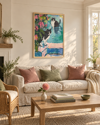 Lifestyle: living room — A warm, well-loved suburban family home in the outer ring of a mid-Atlantic city — open-plan living room with tall ceilings, pale plaster walls, and a mix of inherited and considered furniture.