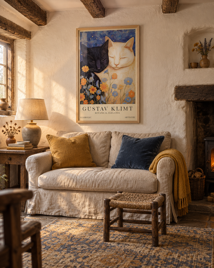 Lifestyle: living room — Dorset thatched cottage, circa 1700s, low ceilings with exposed oak beams, limewashed plaster walls in chalky off-white, small casement windows, flagstone and worn oak plank floors