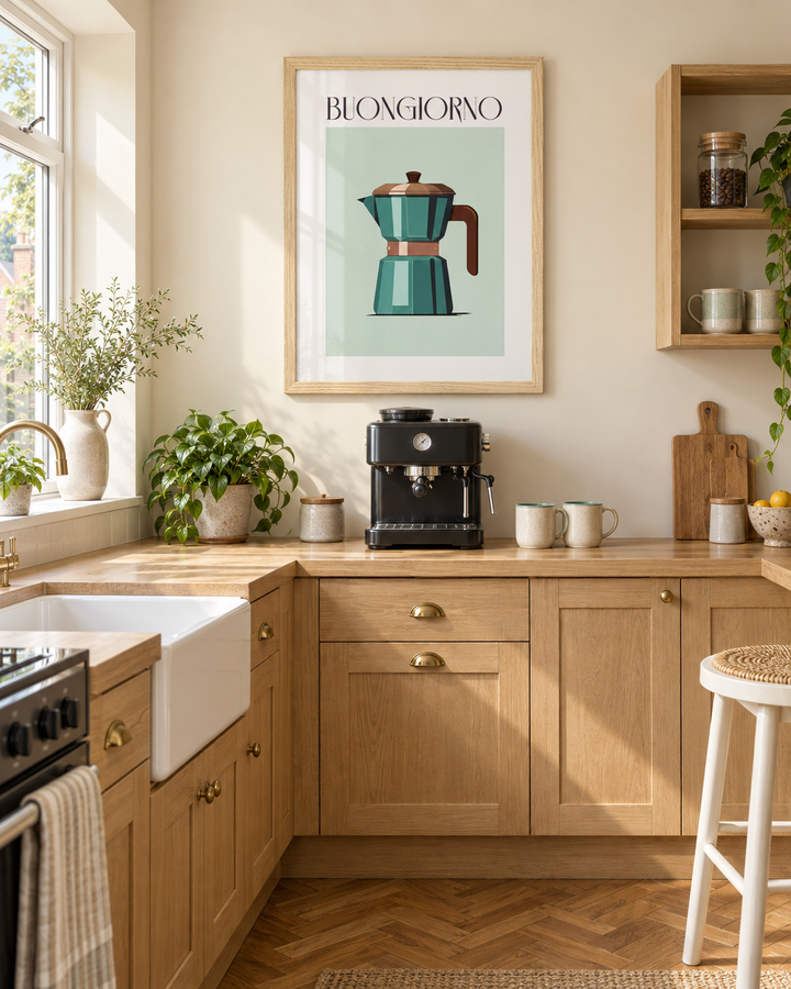 Lifestyle: kitchen — A 1930s semi-detached house in South Manchester — bay window, parquet underfoot, updated kitchen with pale oak cabinetry and clean off-white walls.
