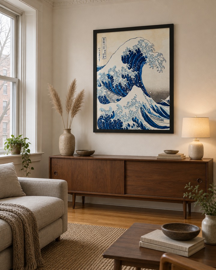 Lifestyle: living room — A first-floor flat in a Chicago two-flat, Wicker Park neighbourhood — plaster walls, oak strip floors, tall double-hung windows with deep sills, c.1910 moulded cornicing retained