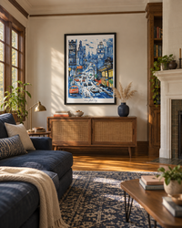 Lifestyle: living room — 1910s American Foursquare in a tree-lined Midwest neighbourhood — four square rooms per floor, a wide front porch, generous proportions and original oak trim throughout.