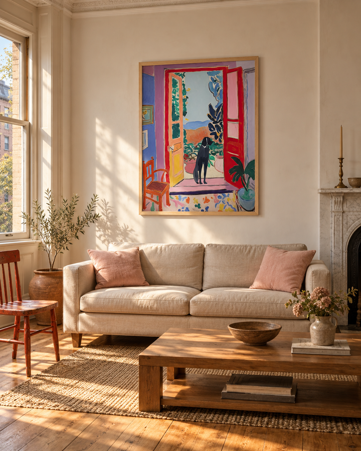 Lifestyle: living room — A parlour-floor Brooklyn brownstone in Fort Greene — original plaster walls, 10-ft ceilings, wide-plank pine floors, marble mantelpiece and deep-set sash windows flooding the room with afternoon light