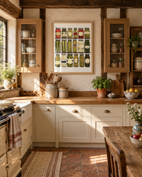 Lifestyle: kitchen — 16th-century timber-frame farmhouse in rural Suffolk, low beams, brick infill, original casement windows — now a warm family kitchen